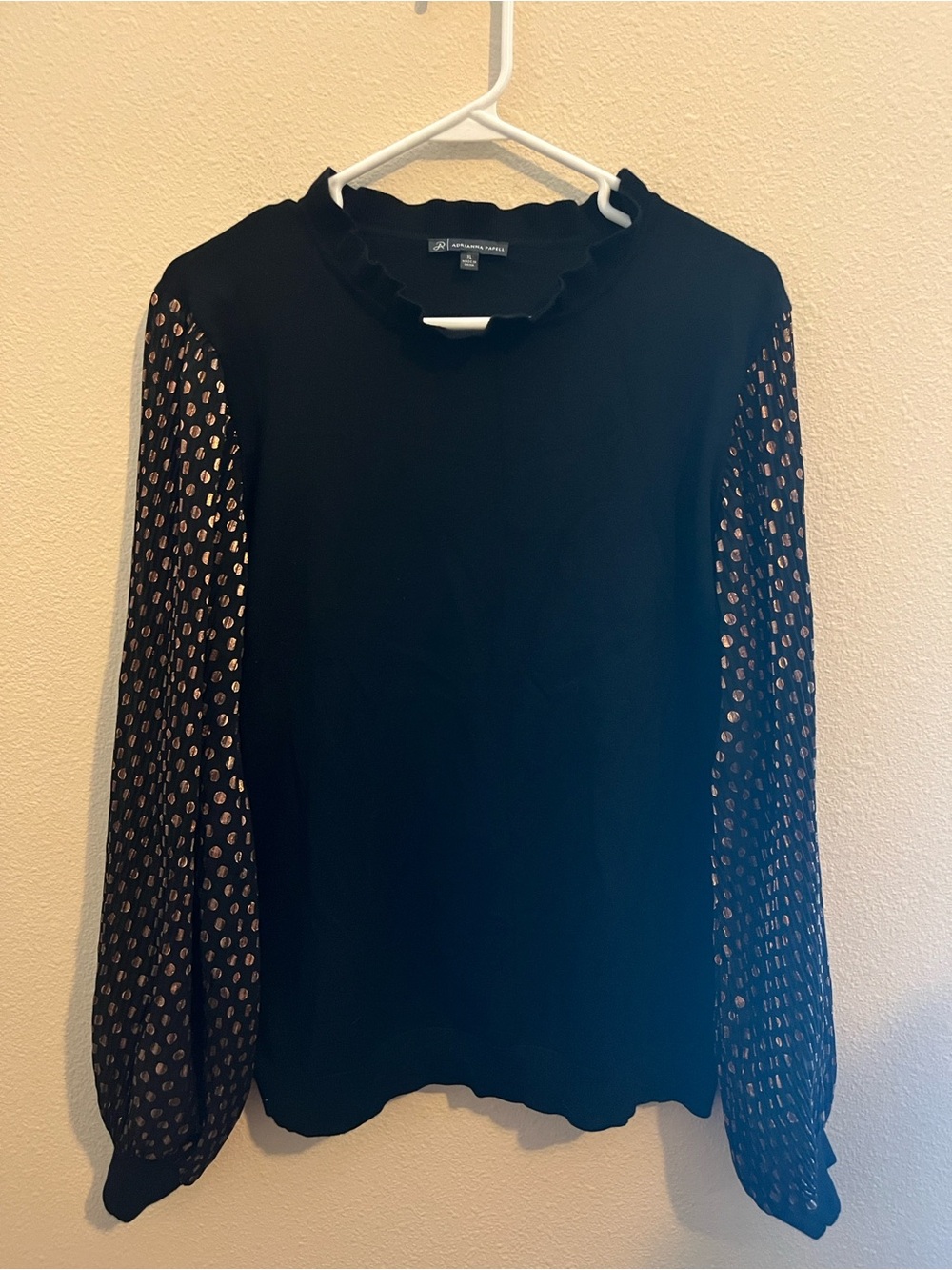 Adrianna Papell Black Knit Sweater with Gold Foil Dot Mesh Sleeves